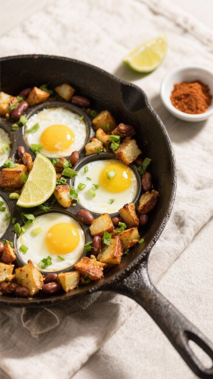 Cooking process: Overhead shot of the hash with optional eggs set directly in small wells, whites ju