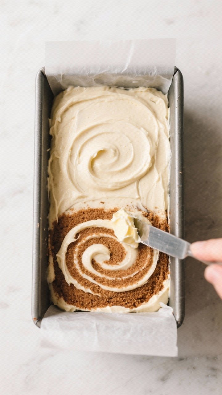 Cooking process: Overhead shot of the loaf pan during assembly—half the pale batter spread evenly,