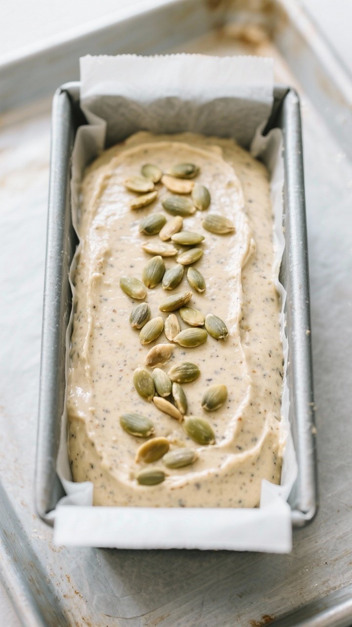 Cooking process: Overhead shot of the loaf pan filled with smooth, speckled batter just before bakin