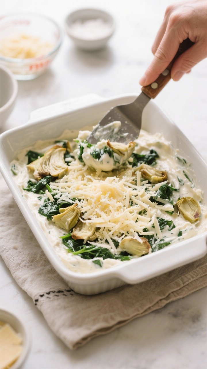 Cooking process: Overhead shot of the mixed dip being spread into an 8x8 ceramic baking dish with a 