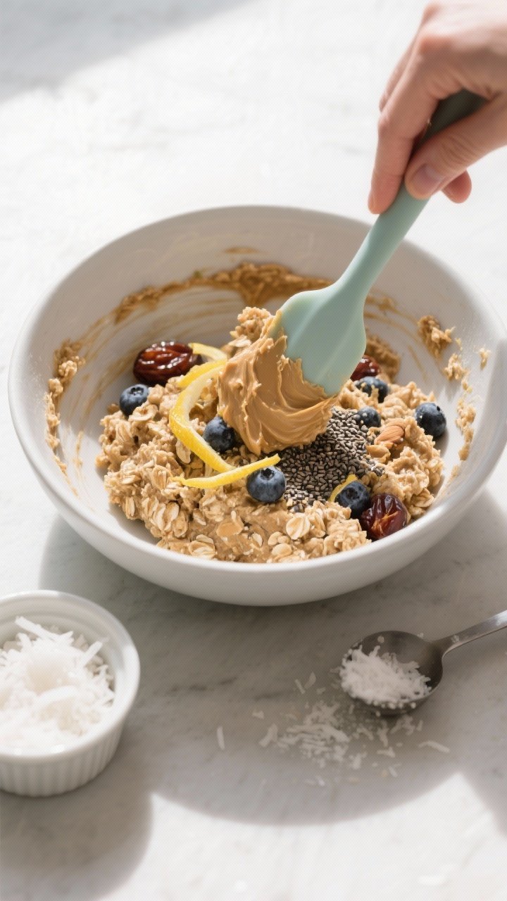 Cooking process: Overhead shot of the mixture being folded by hand with a silicone spatula in a matt
