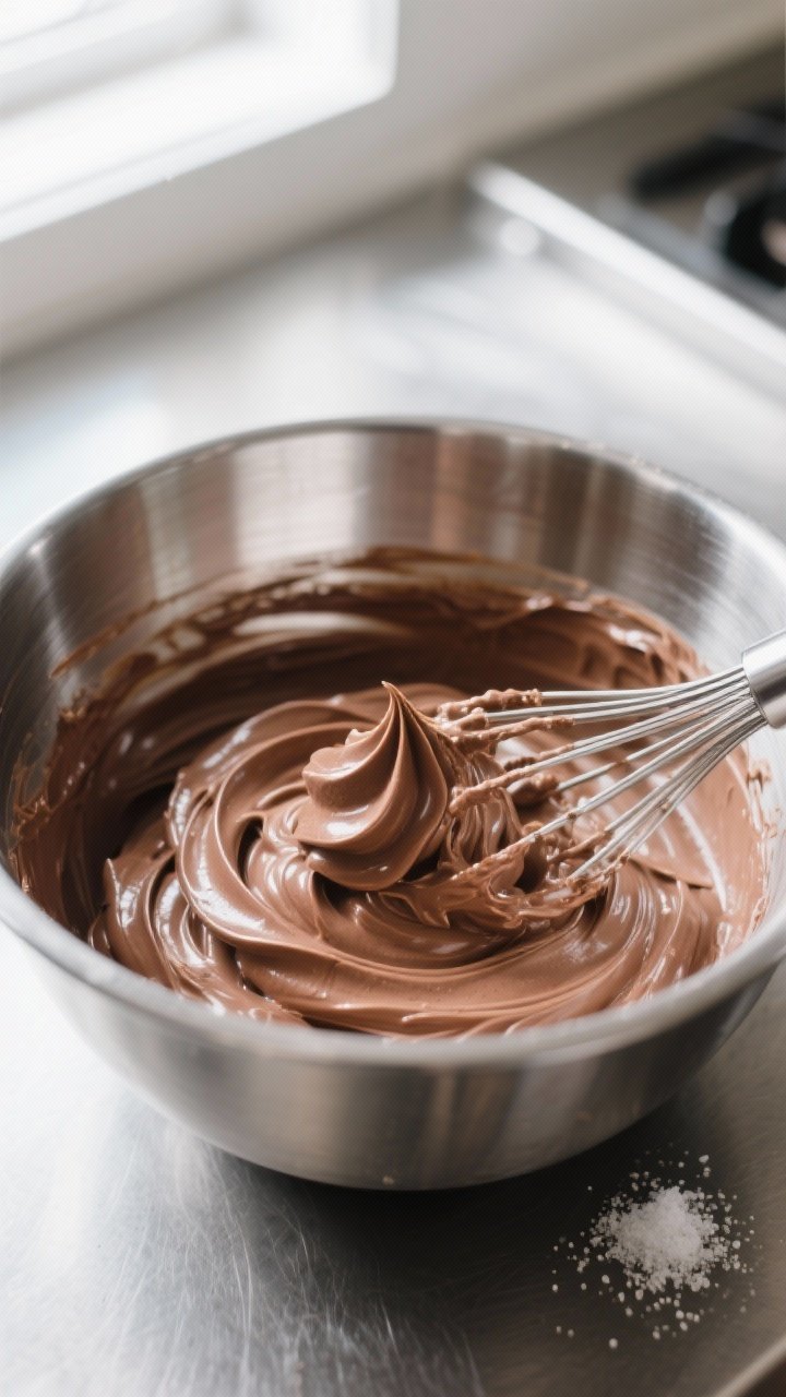 Cooking process: Overhead shot of the mousse mid-whip in a chilled stainless steel mixing bowl, show