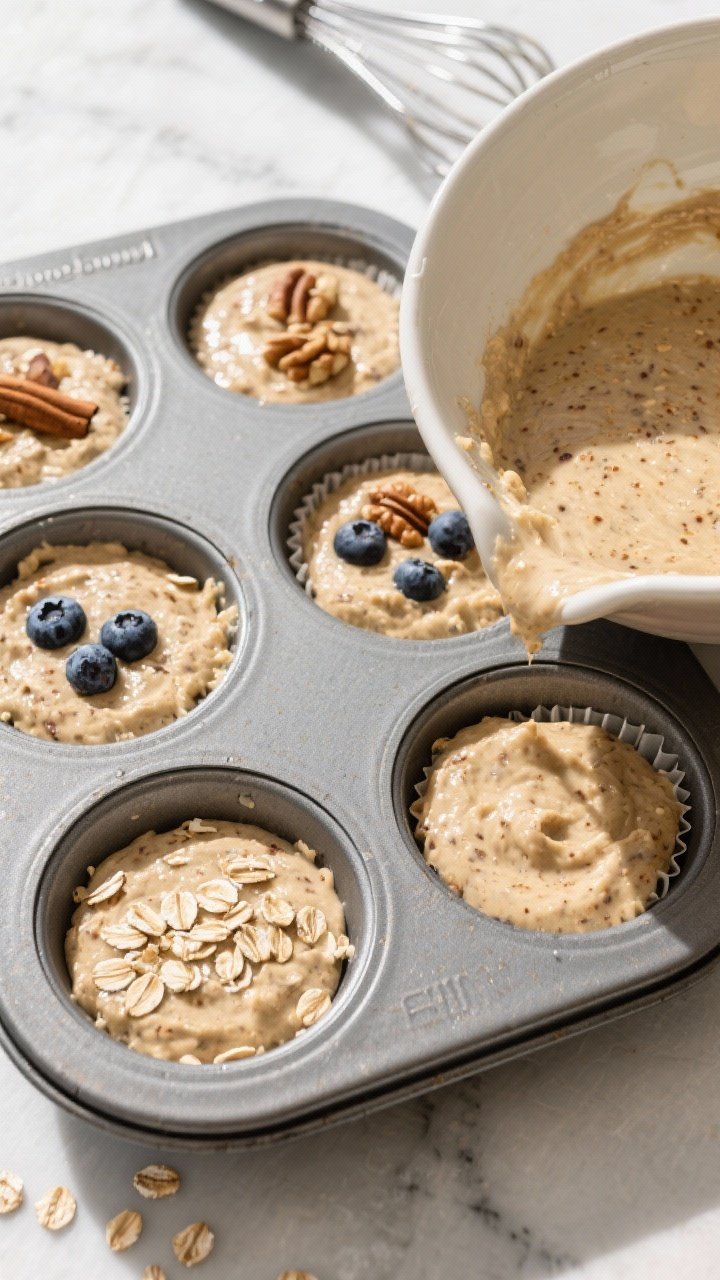 Cooking process: Overhead shot of the muffin tin being filled to just below the top with the thick,