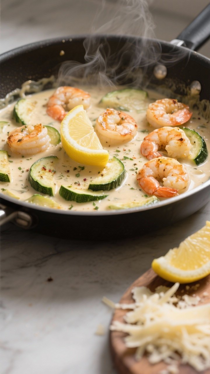 Cooking process: Overhead shot of the one-pan creamy shrimp and zucchini skillet mid-finish, shrimp