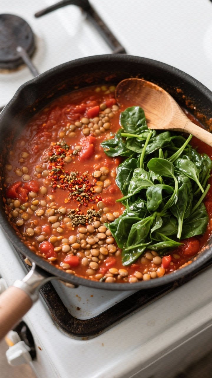 Cooking process: Overhead shot of the one-pan lentil mixture mid-simmer, tomato paste fully bloomed 