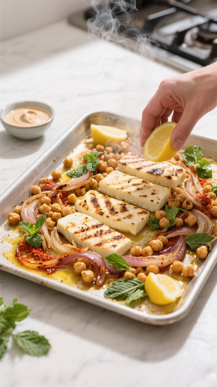 Cooking process: Overhead shot of the sheet pan just out of the oven at 425°F, halloumi lightly cha