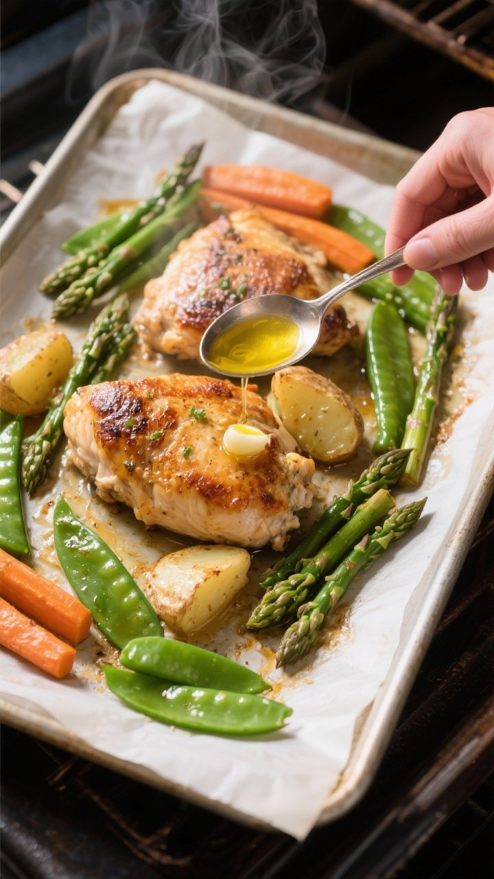 Cooking process: Overhead shot of the sheet pan mid-roast, just after tender vegetables are added—