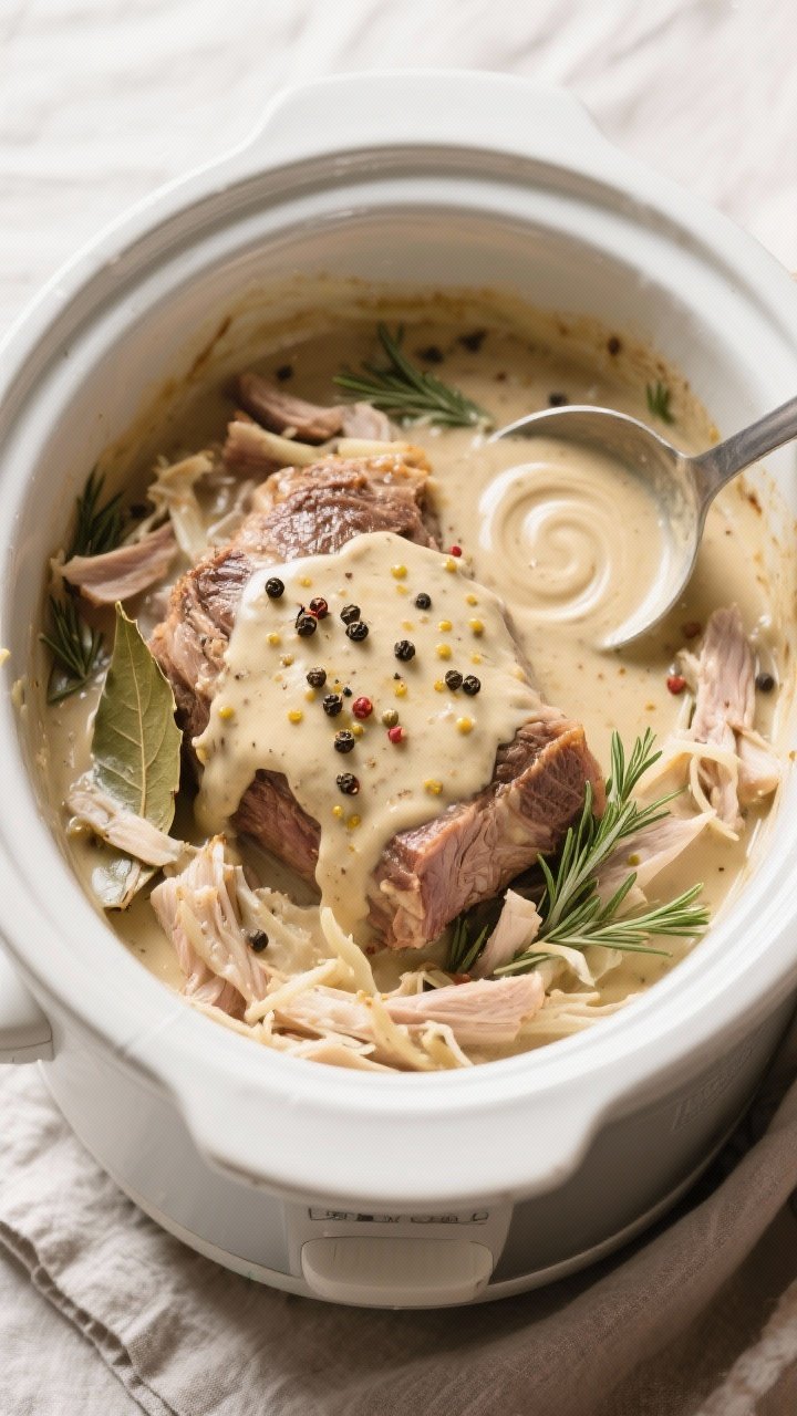 Cooking process: Overhead shot of the slow cooker insert filled with cooked roast returned to the po