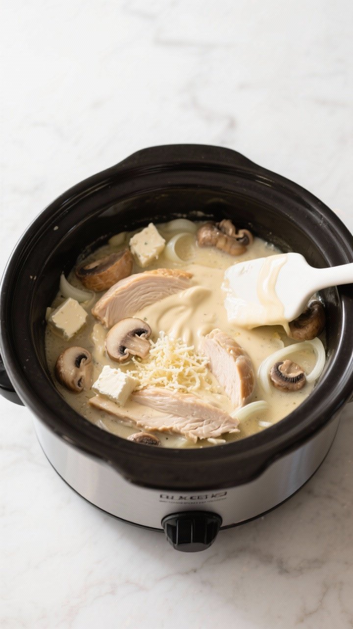 Cooking process: Overhead shot of the slow cooker just after the cream cheese cubes and Parmesan hav