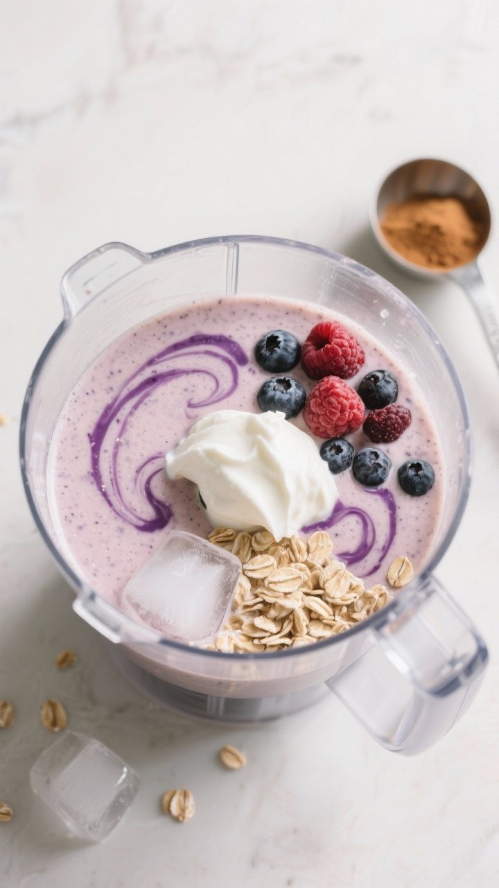 Cooking process: Overhead shot of the smoothie mid-blend in a clear blender jar, showing softened oa