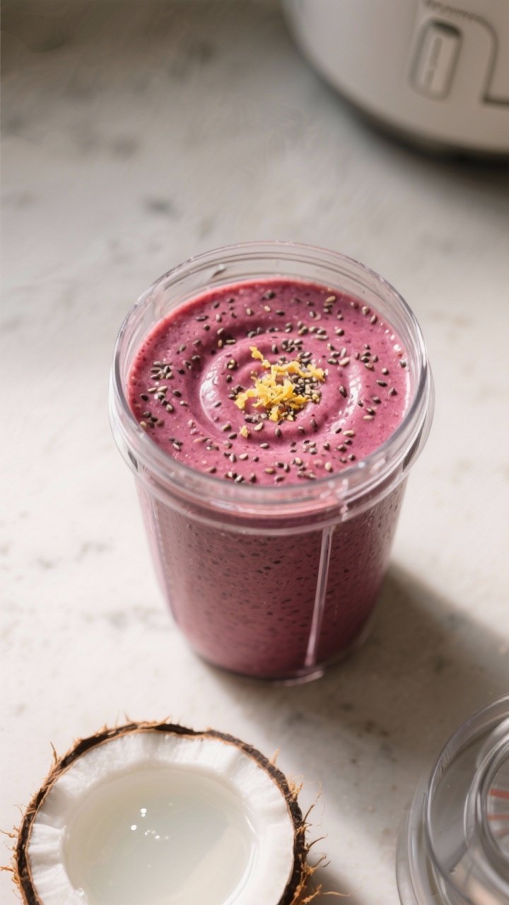 Cooking process: Overhead shot of the smoothie mid-blend in a clear blender jar, fully pureed to a s