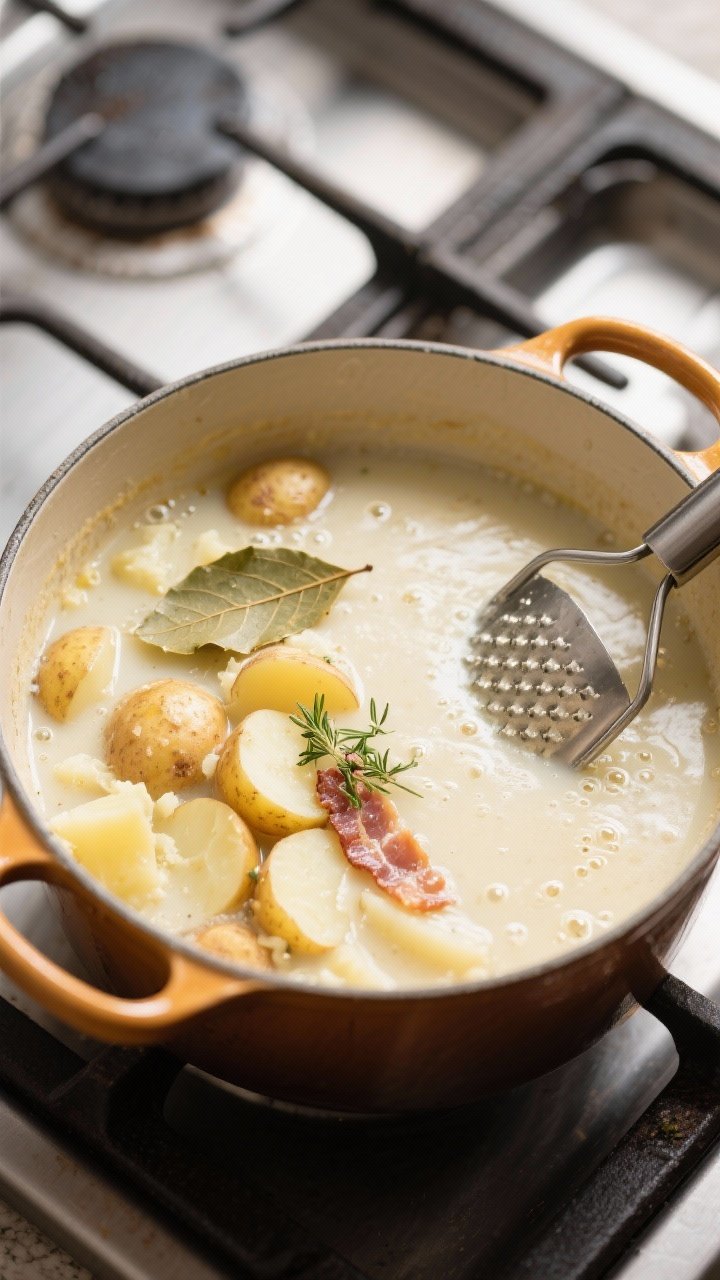 Cooking process: Overhead shot of the soup in the pot right after partial mashing—one-third of the