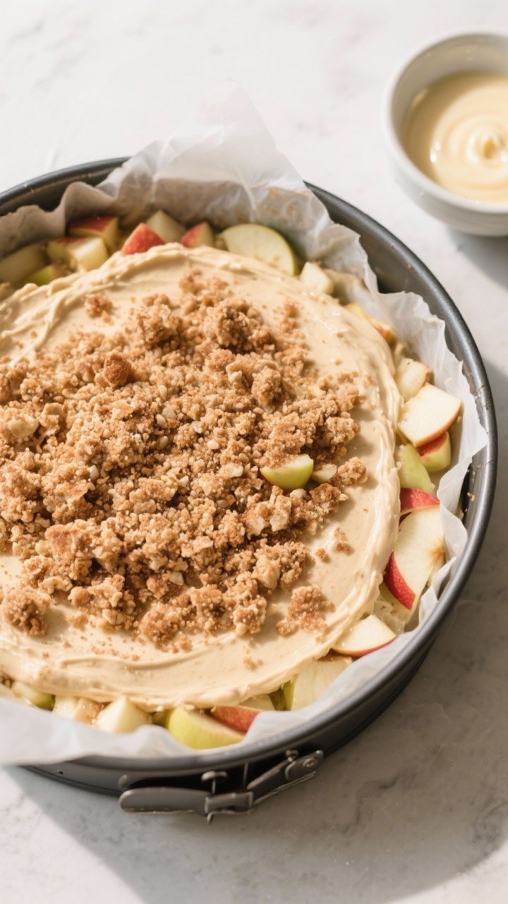 Cooking process: Overhead shot of the thick, plush batter spread evenly in a parchment-lined 9-inch 