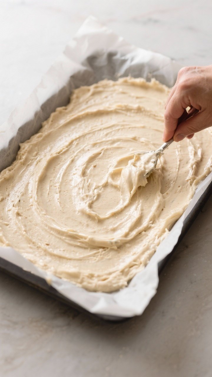 Cooking process: Overhead shot of the thick, spreadable almond flour batter being smoothed into a pa