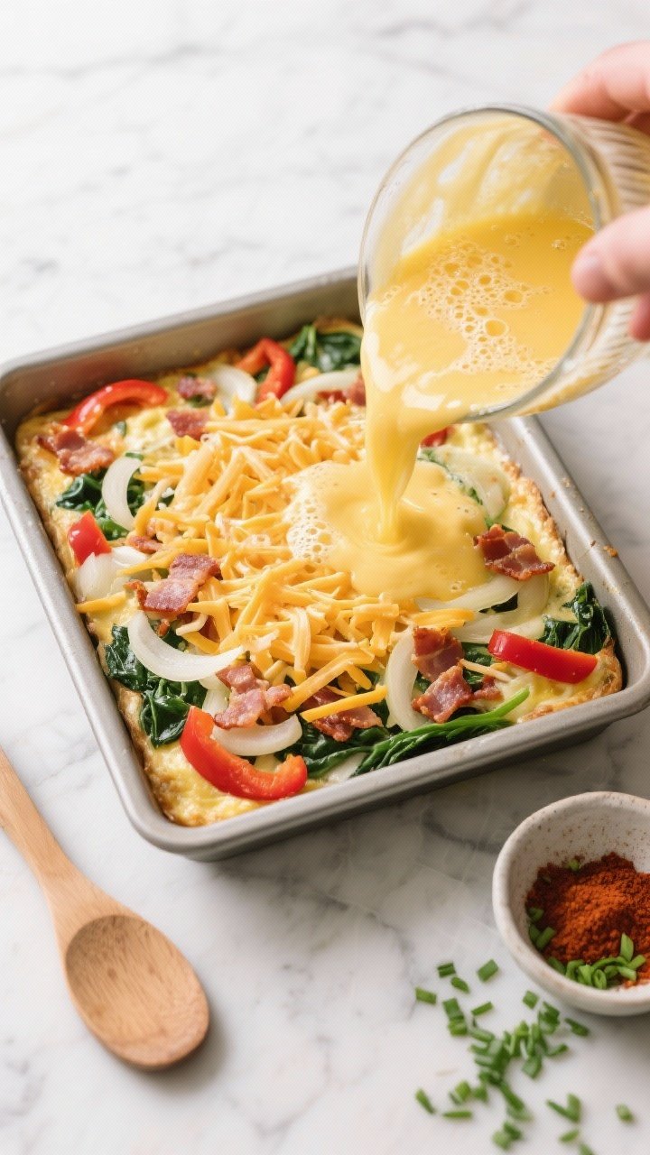 Cooking process: Overhead shot of the whisked egg mixture being poured into a greased 9x9 baking dis