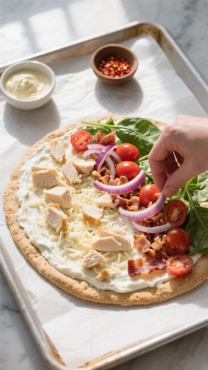 Cooking process — Par-bake and build: Overhead shot of a par-baked whole-wheat thin crust on a par