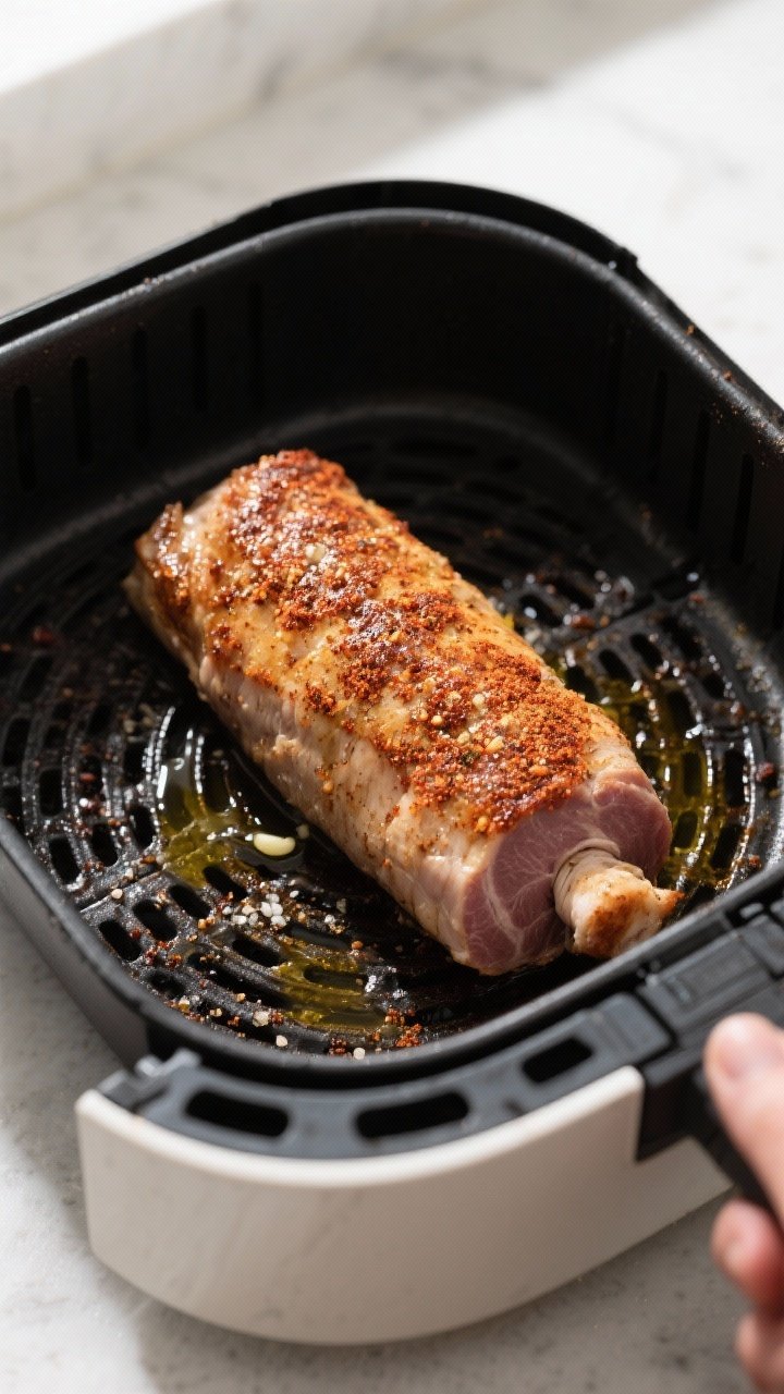 Cooking process: Pork tenderloin in an air fryer basket mid-cook, turned halfway, with the tucked ta