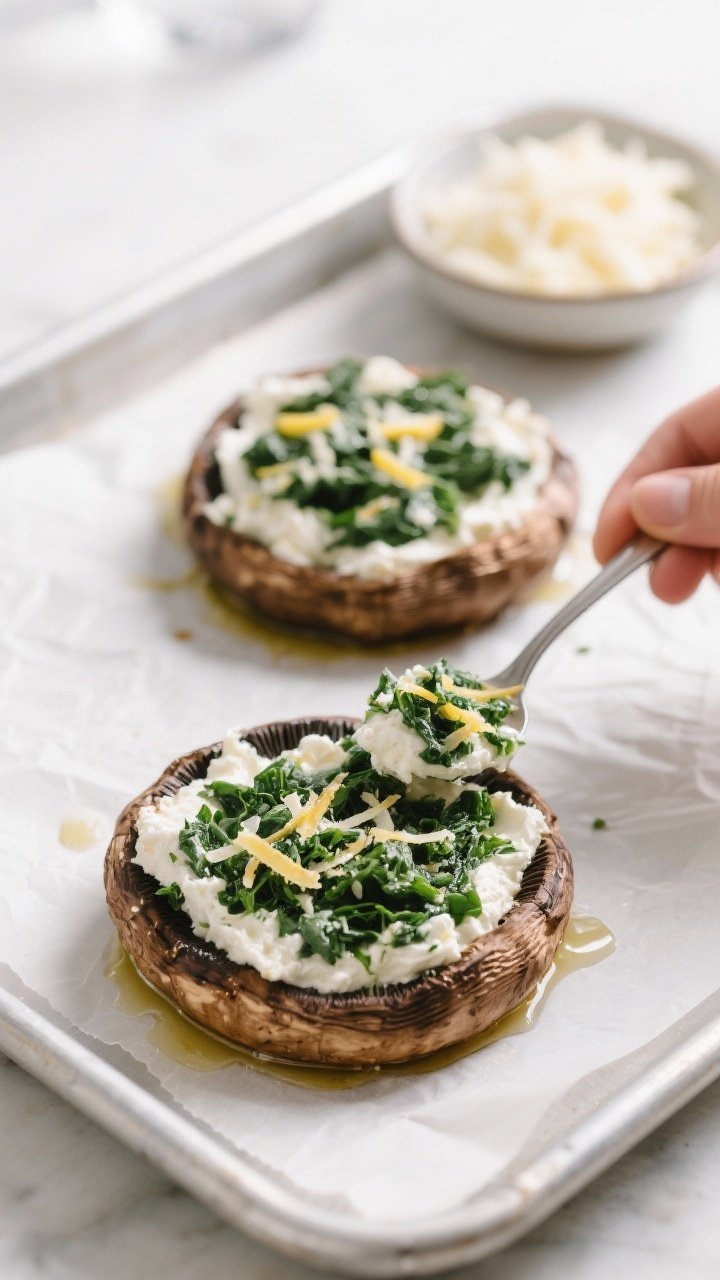 Cooking process: Pre-baked portobello caps on a parchment-lined sheet pan being filled with the rico