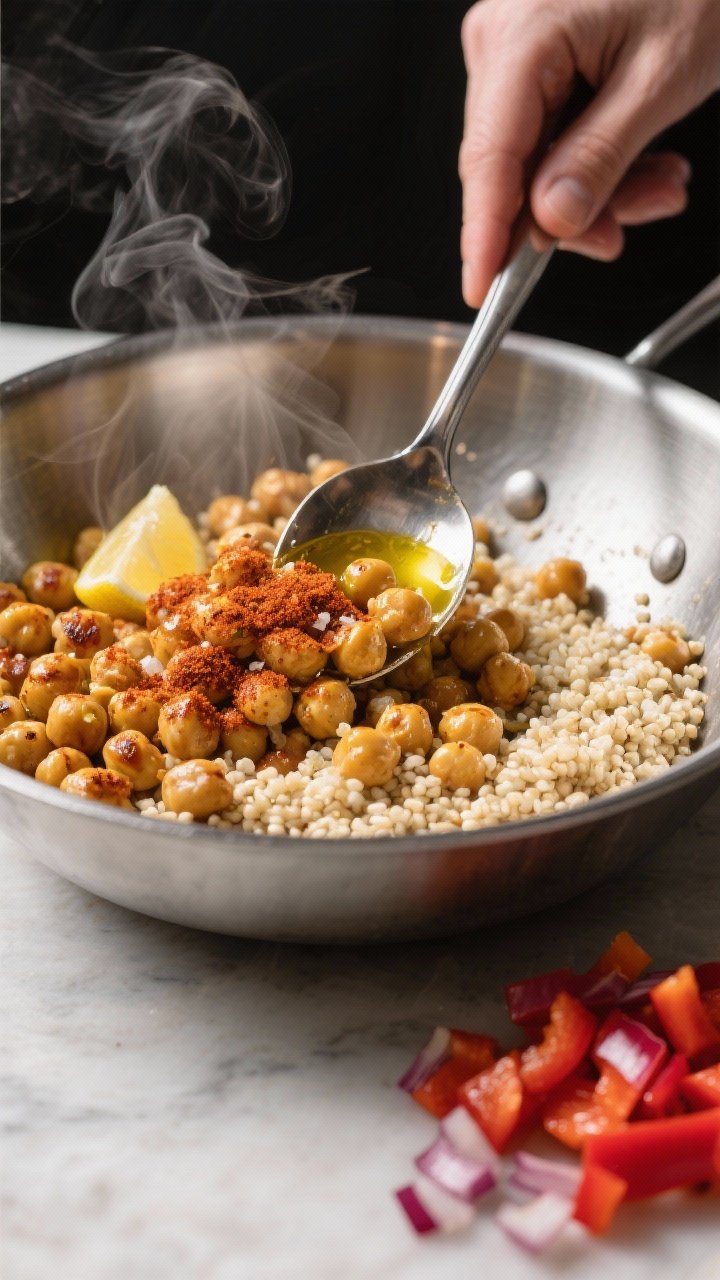 Cooking process: Roasted chickpeas and fluffy quinoa being combined in a wide stainless-steel bowl, 