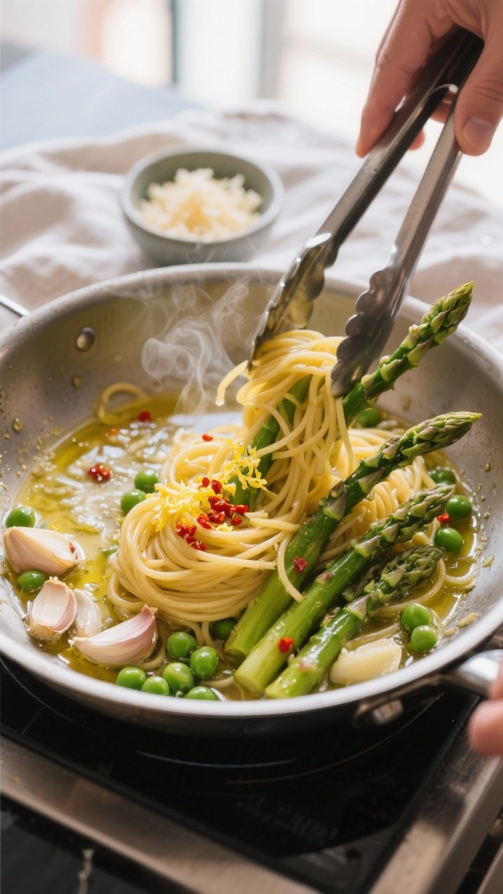 Cooking process: Sauté scene in a stainless skillet—golden-edged sliced garlic and a pinch of red