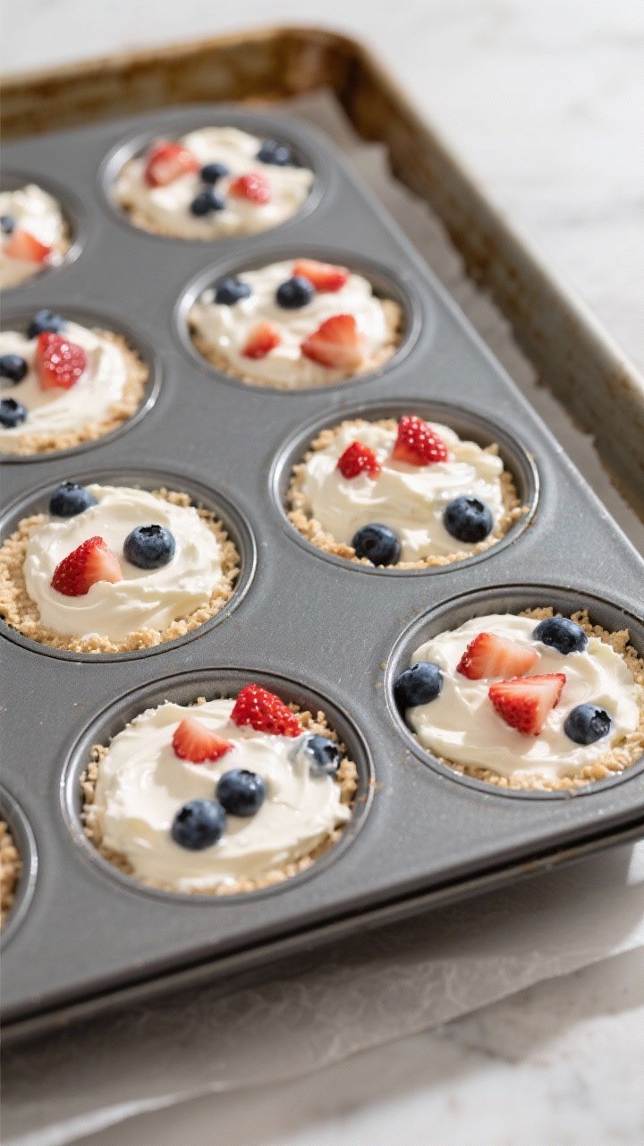 Cooking process scene: overhead in-pan shot of the filled muffin tin before baking, showing smooth, 