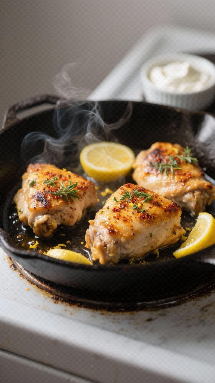 Cooking process – Searing lemon-herb chicken thighs in a hot cast-iron skillet: golden-brown, char
