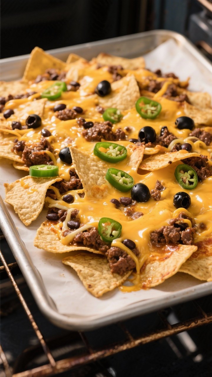 Cooking process — sheet-pan nachos mid-bake: Overhead shot of a rimmed sheet pan in the oven with