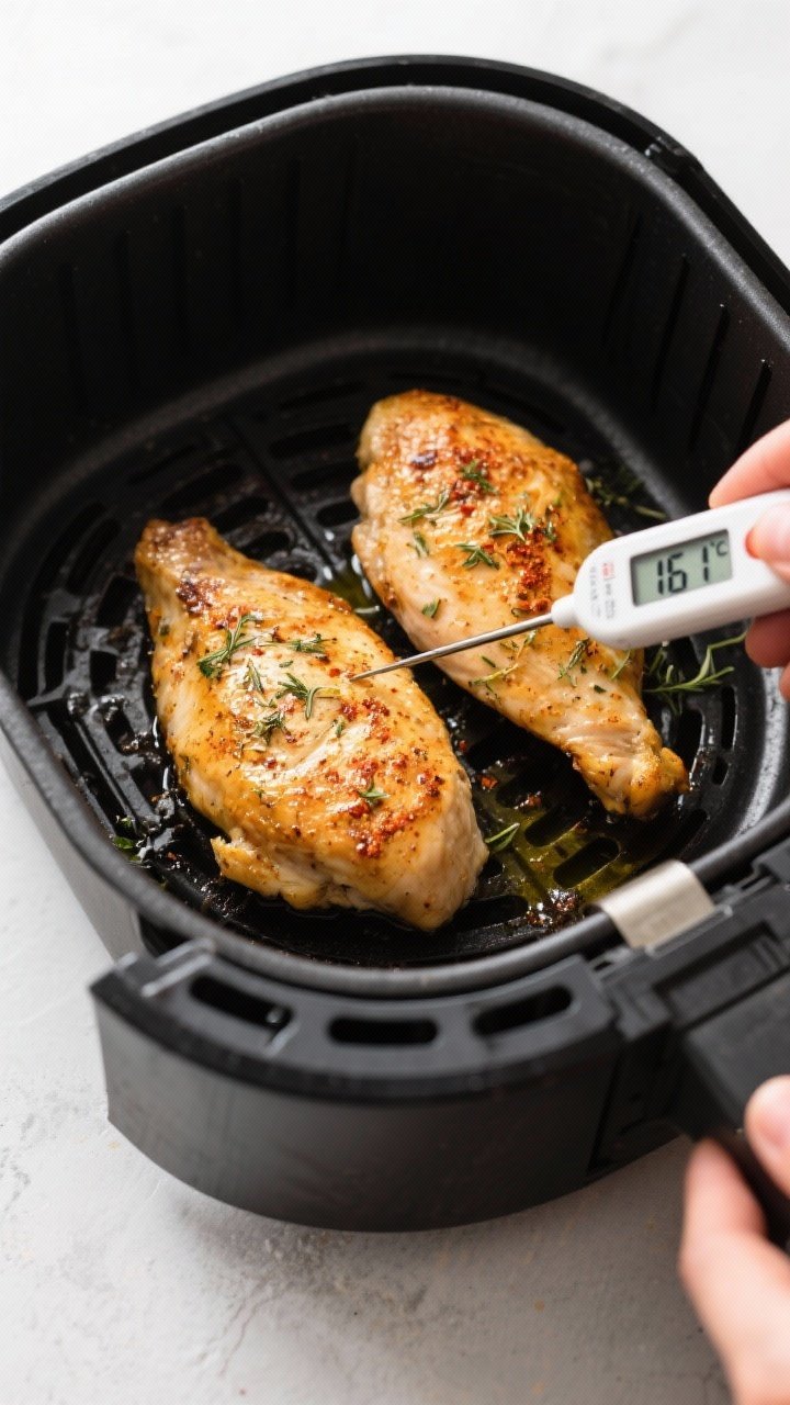 Cooking process shot: Air fryer basket pulled open with two cooked chicken breasts resting in a sing