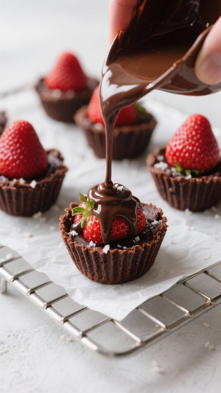 Cooking process shot: Assembled brownie cups on a cooling rack with dry, hulled strawberries nestled