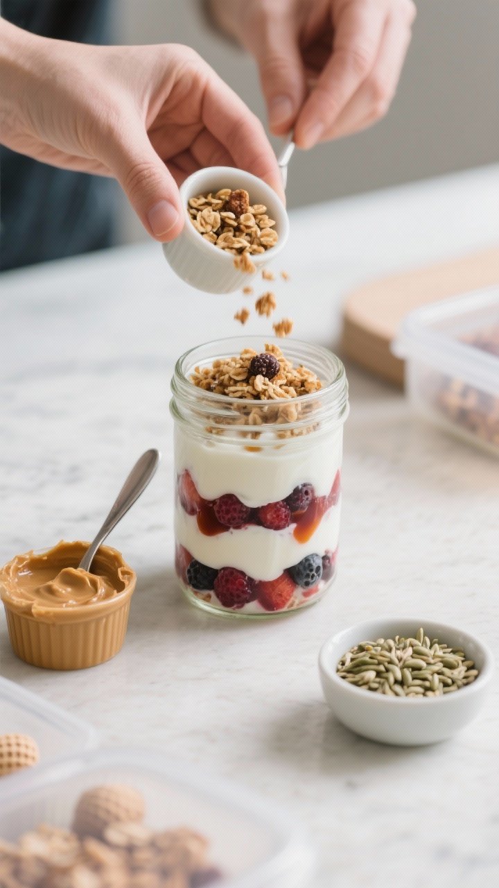 Cooking process shot (assembly): Meal-prep friendly setup showing yogurt and fruit layered in a glas