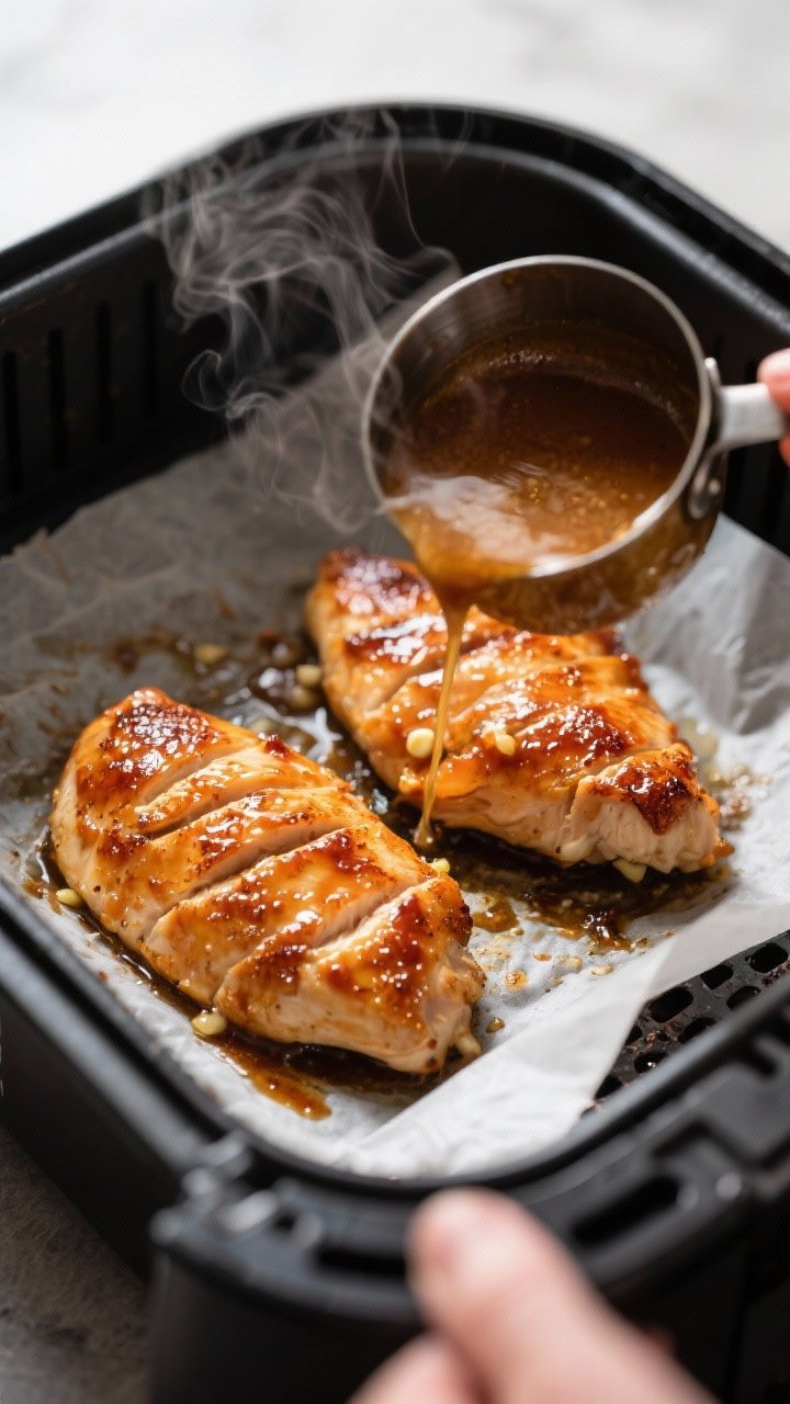 Cooking process shot: Chicken breasts in an air fryer basket mid-cook at 380°F, just flipped, being