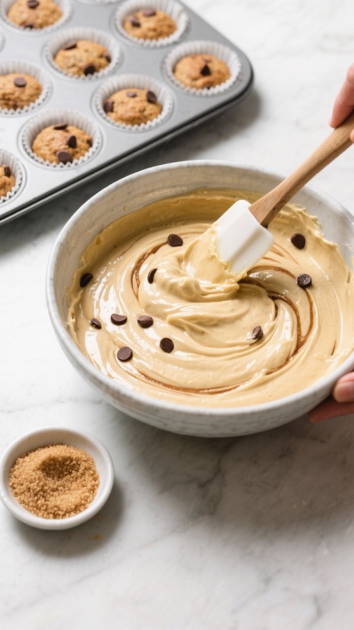 Cooking process shot: Overhead view of a one-bowl batter moment—silky, glossy banana-sourdough bat