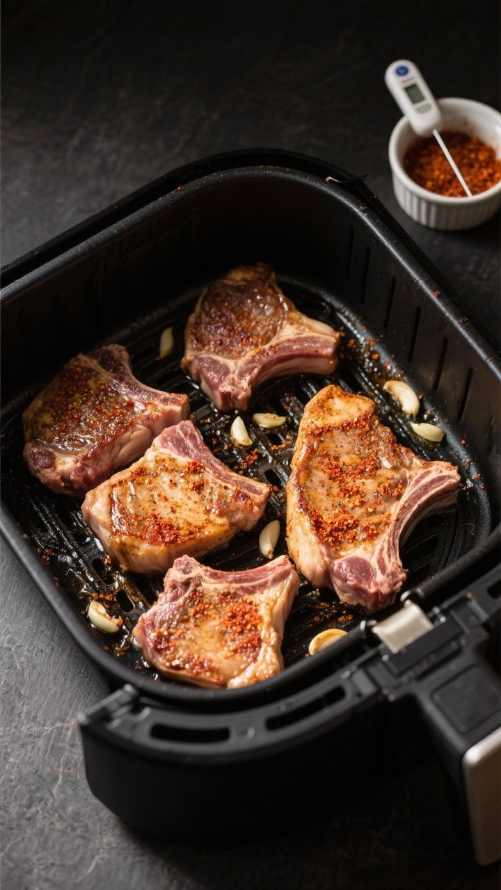 Cooking process shot: Overhead view of seasoned pork chops arranged in a single layer in a preheated