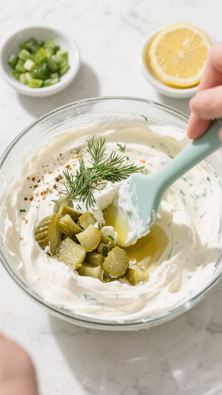 Cooking process shot: Overhead view of the dip being mixed in a glass bowl—creamy sour cream–may