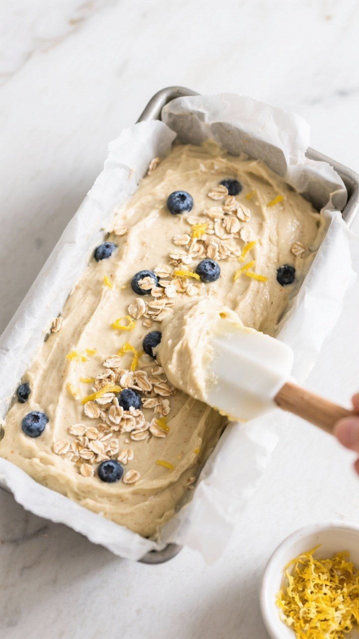 Cooking process shot: Overhead view of the thick, scoopable batter being smoothed into a parchment-l
