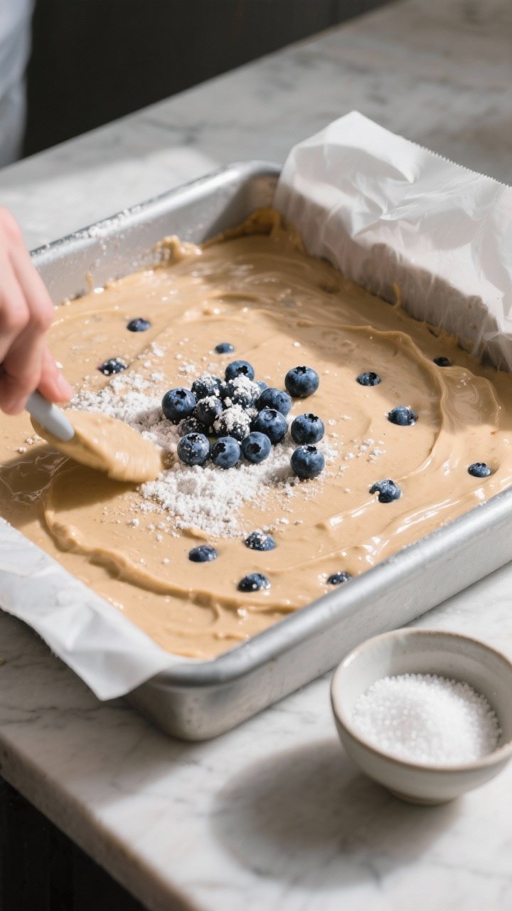 Cooking process shot: The batter being spread evenly into the prepared square pan, visibly thick and