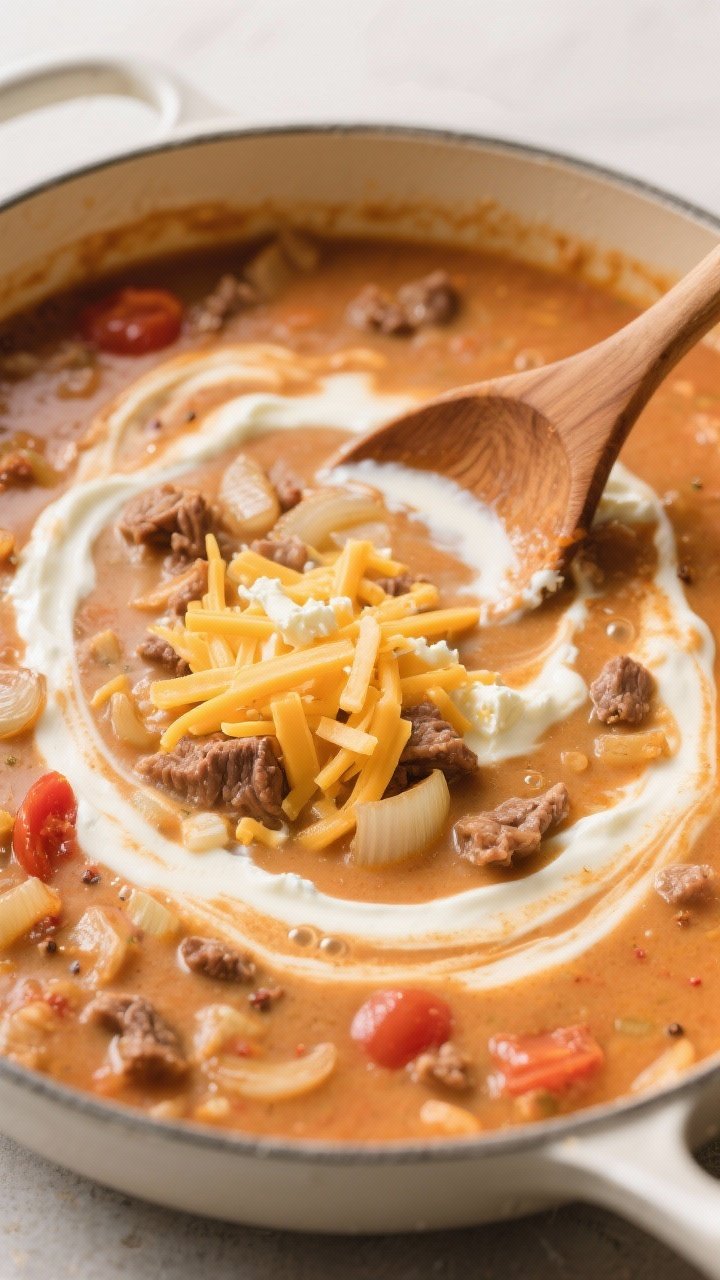 Cooking process shot: The chowder just after cream cheese has fully melted and heavy cream stirred i