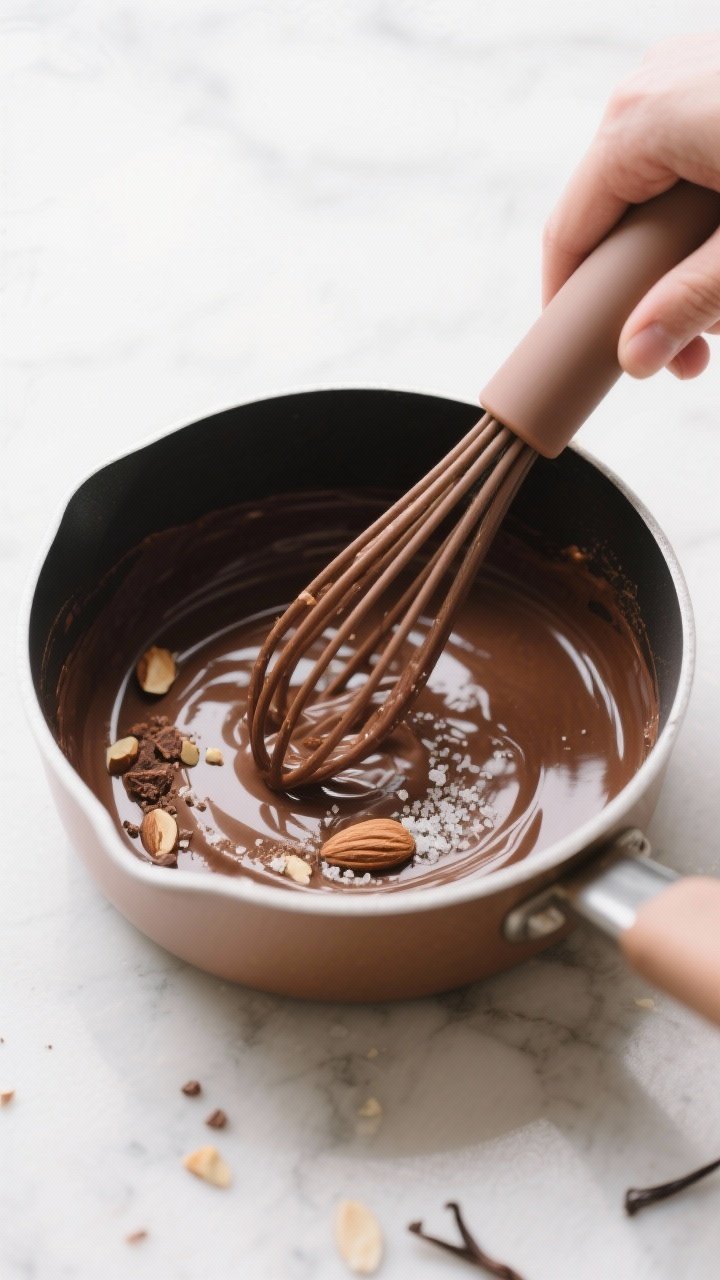 Cooking process shot: The warm, just-whisked chocolate mixture in a small saucepan off-heat, perfect