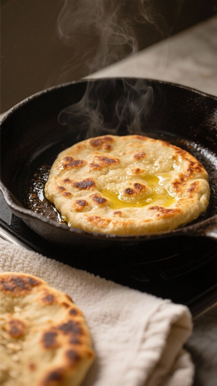 Cooking process — skillet: A high-fiber breakfast flatbread bubbling in a preheated cast-iron skil