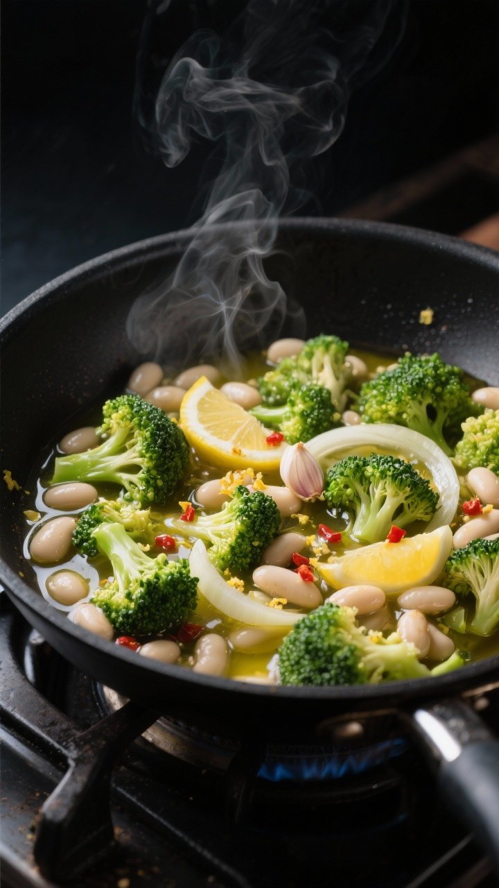 Cooking process, skillet steam: A large black skillet on a stovetop with tender-crisp broccoli flore