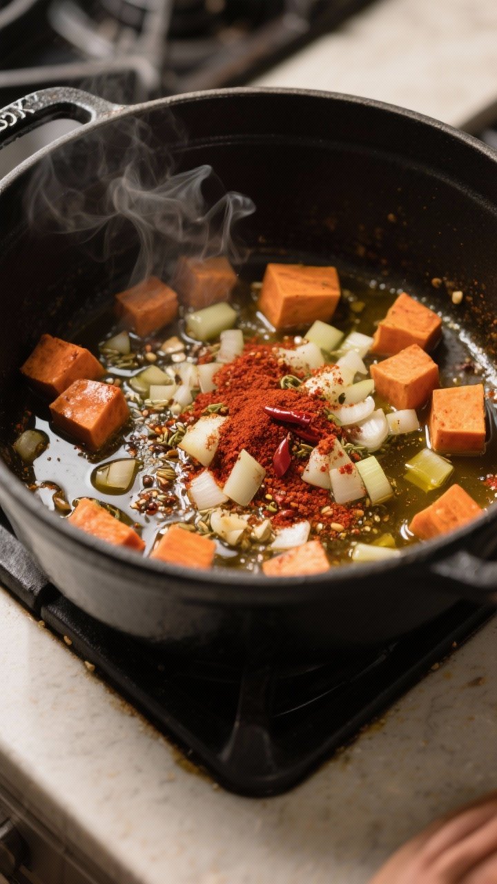 Cooking process — spices blooming: Close-up of a Dutch oven on the stovetop with softened diced on