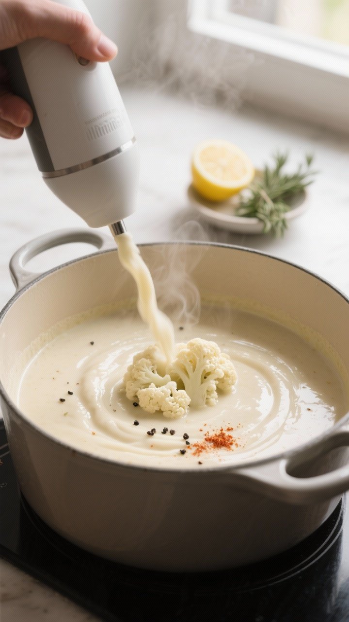 Cooking process: Steaming pot scene of the blended cauliflower and white bean soup mid-simmer, velve