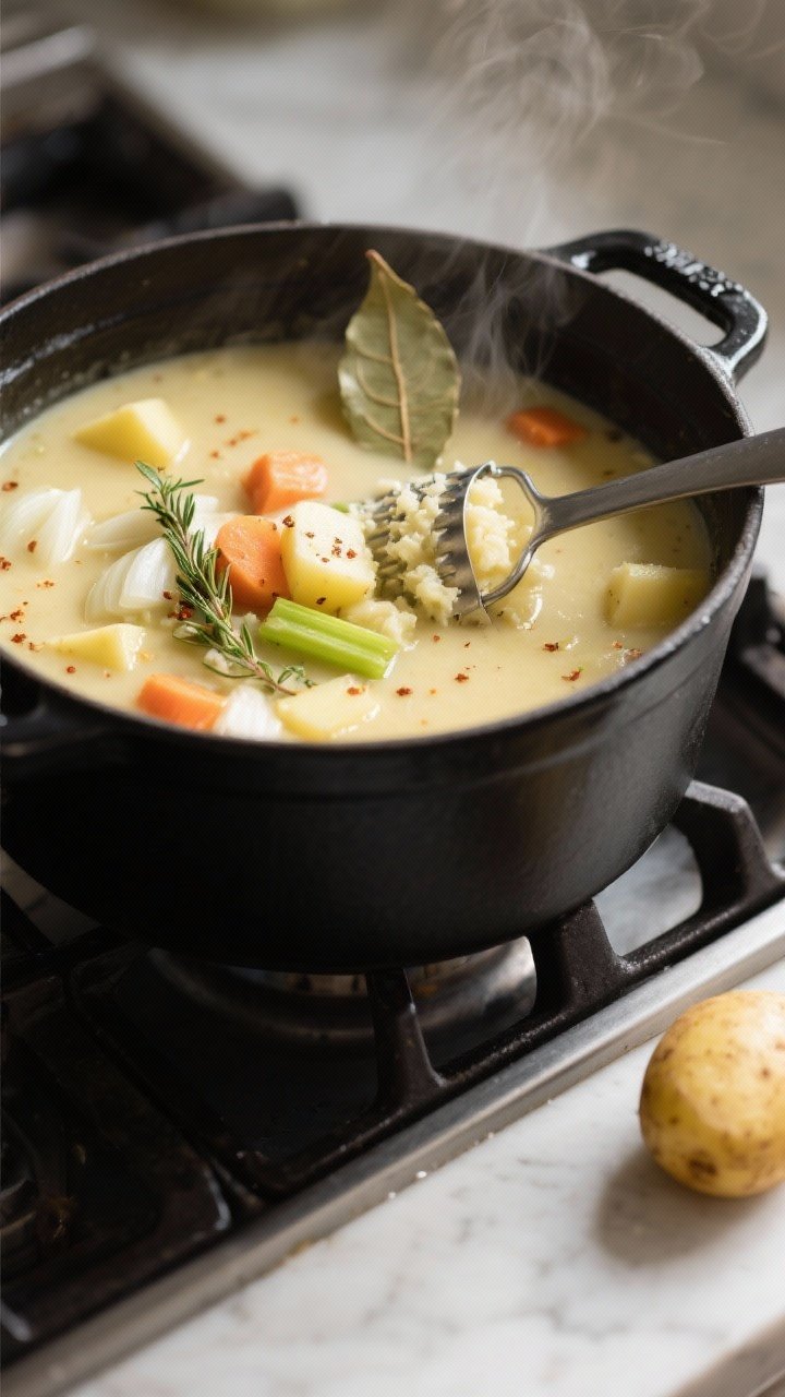 Cooking process, stovetop scene: A large matte-black Dutch oven on a gas burner, mid-simmer creamy p