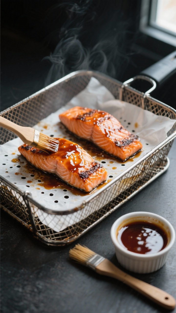 Cooking process: Teriyaki-glazed salmon fillets in an open air fryer basket mid-cook, skin-side down