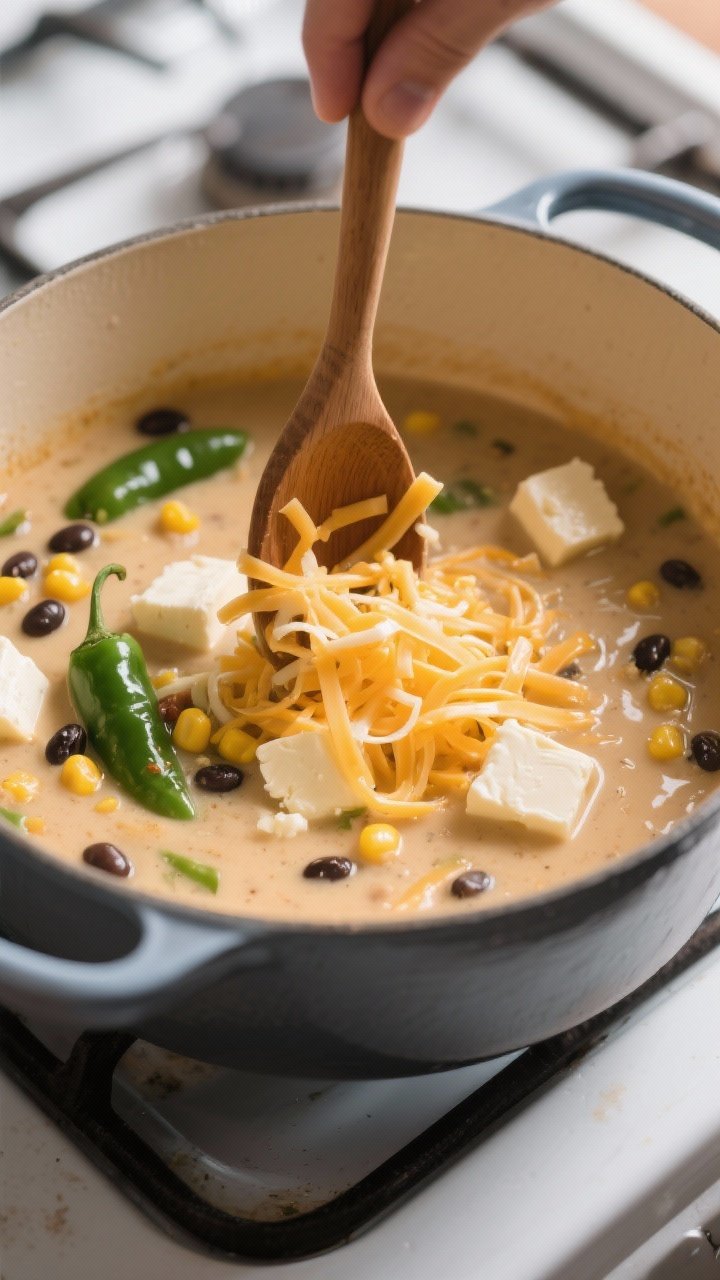 Cooking process: The “add the cheese” moment—off-heat pot with the creamy soup base as freshly