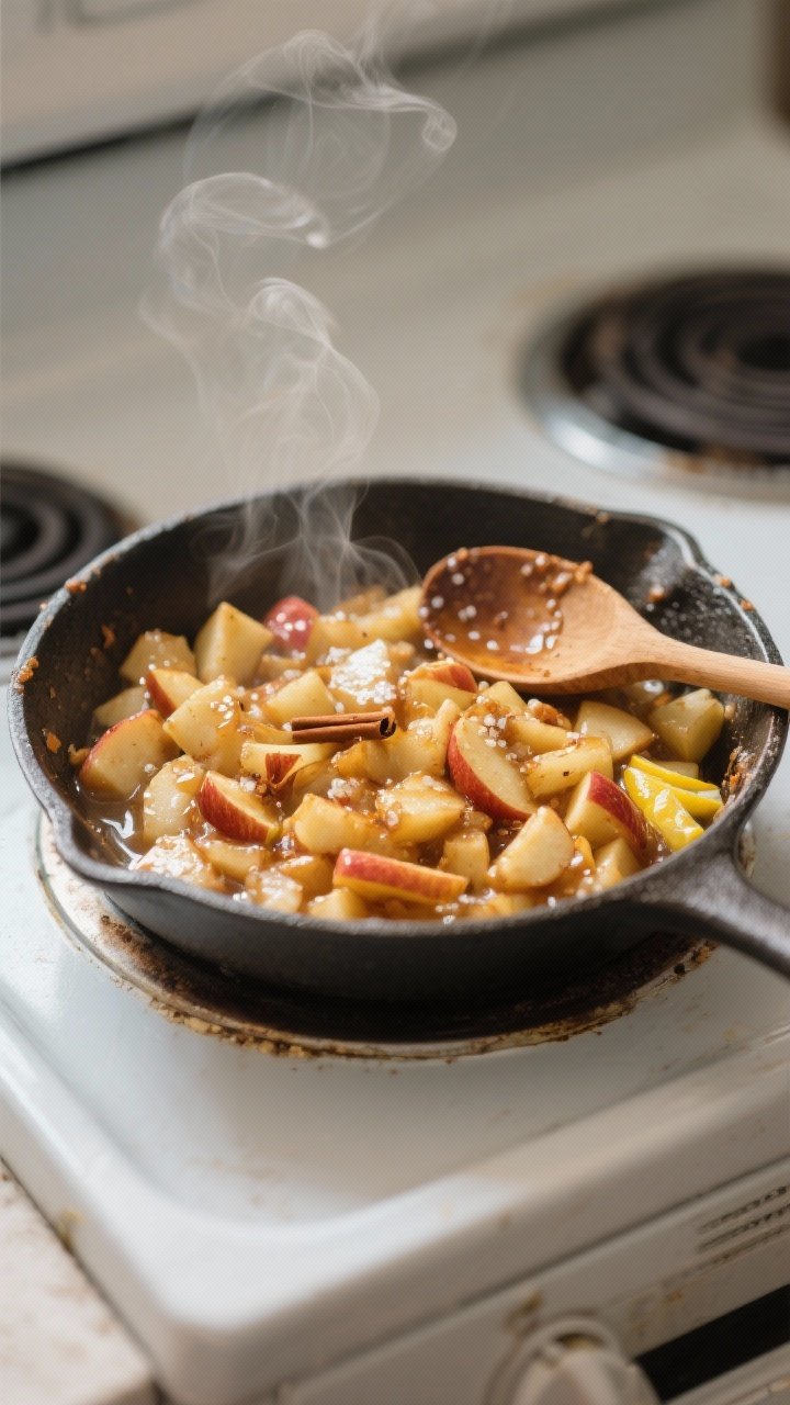 Cooking process: The apple pie filling in a small skillet mid-cook—finely diced apples turning ten