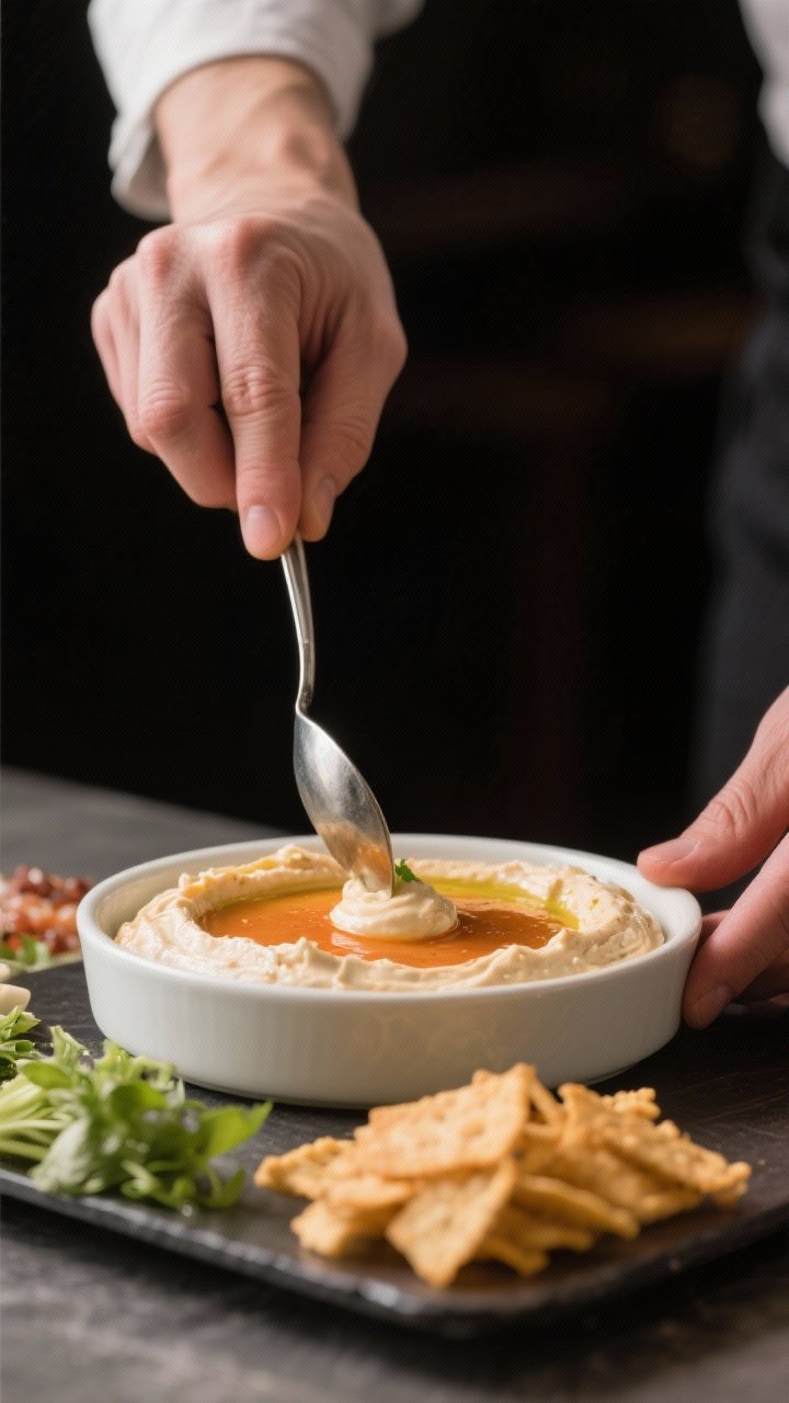 Cooking process: The assembled dip being leveled into a