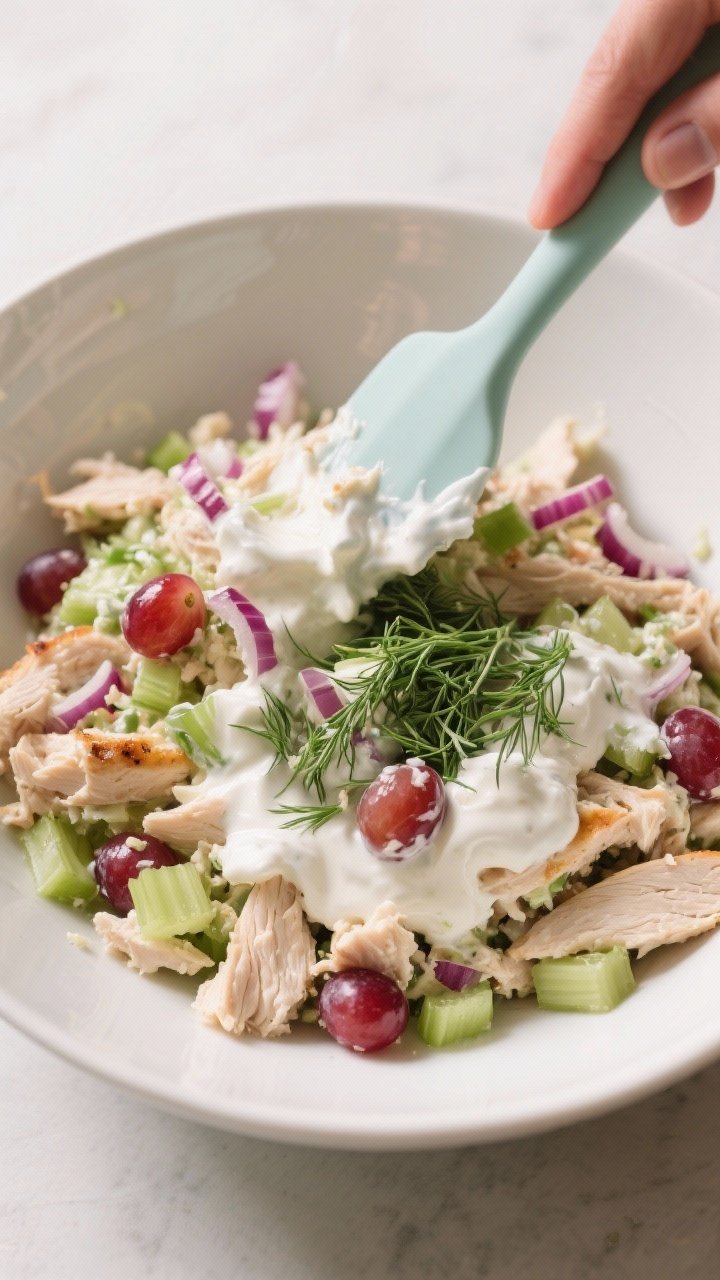 Cooking process: The chicken salad mixture being folded together—juicy chopped rotisserie chicken,