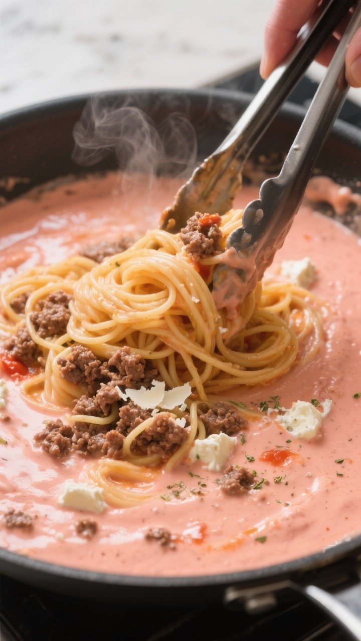 Cooking process: The creamy sauce stage in a wide skillet—silky pink-orange tomato cream formed by
