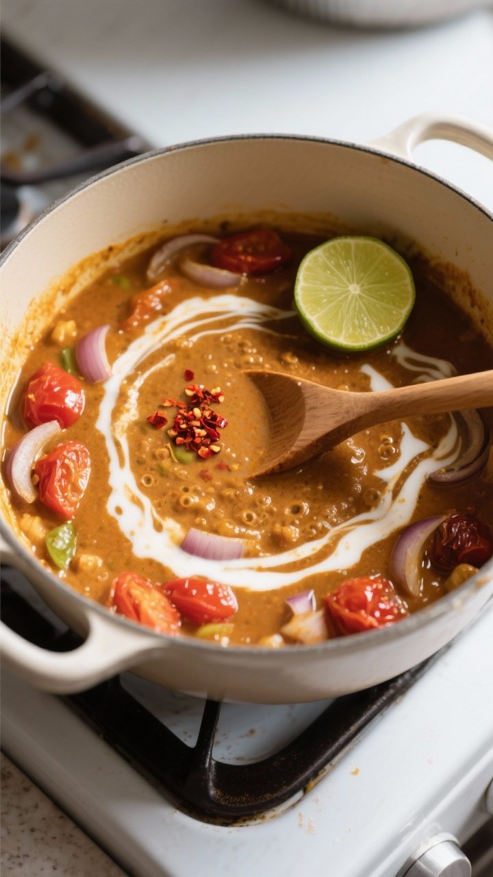 Cooking process: The curry simmering in a wide, shallow Dutch oven, overhead angle capturing the gen